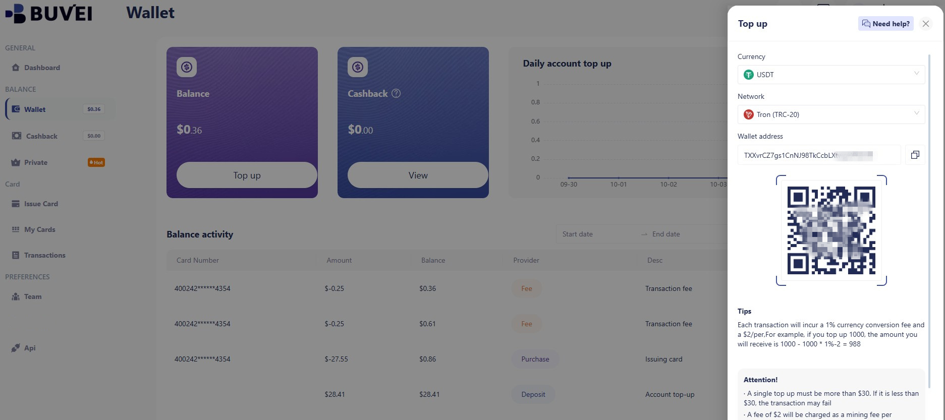 Top up your Buvei account with USDT